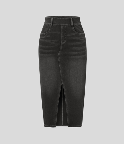 High Waisted Pockets Bodycon Washed Denim Casual Midi Skirt