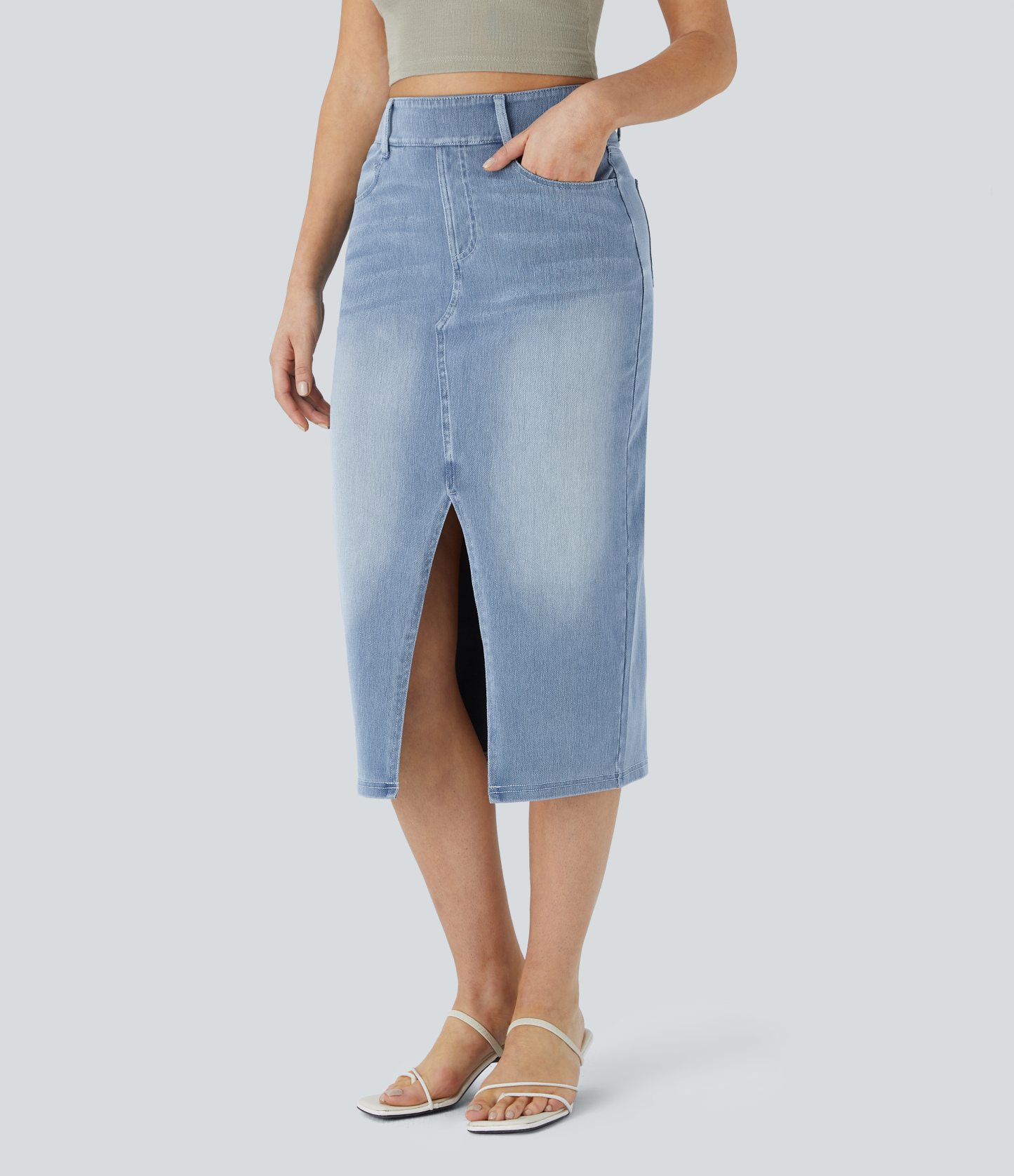 High Waisted Pockets Bodycon Washed Denim Casual Midi Skirt