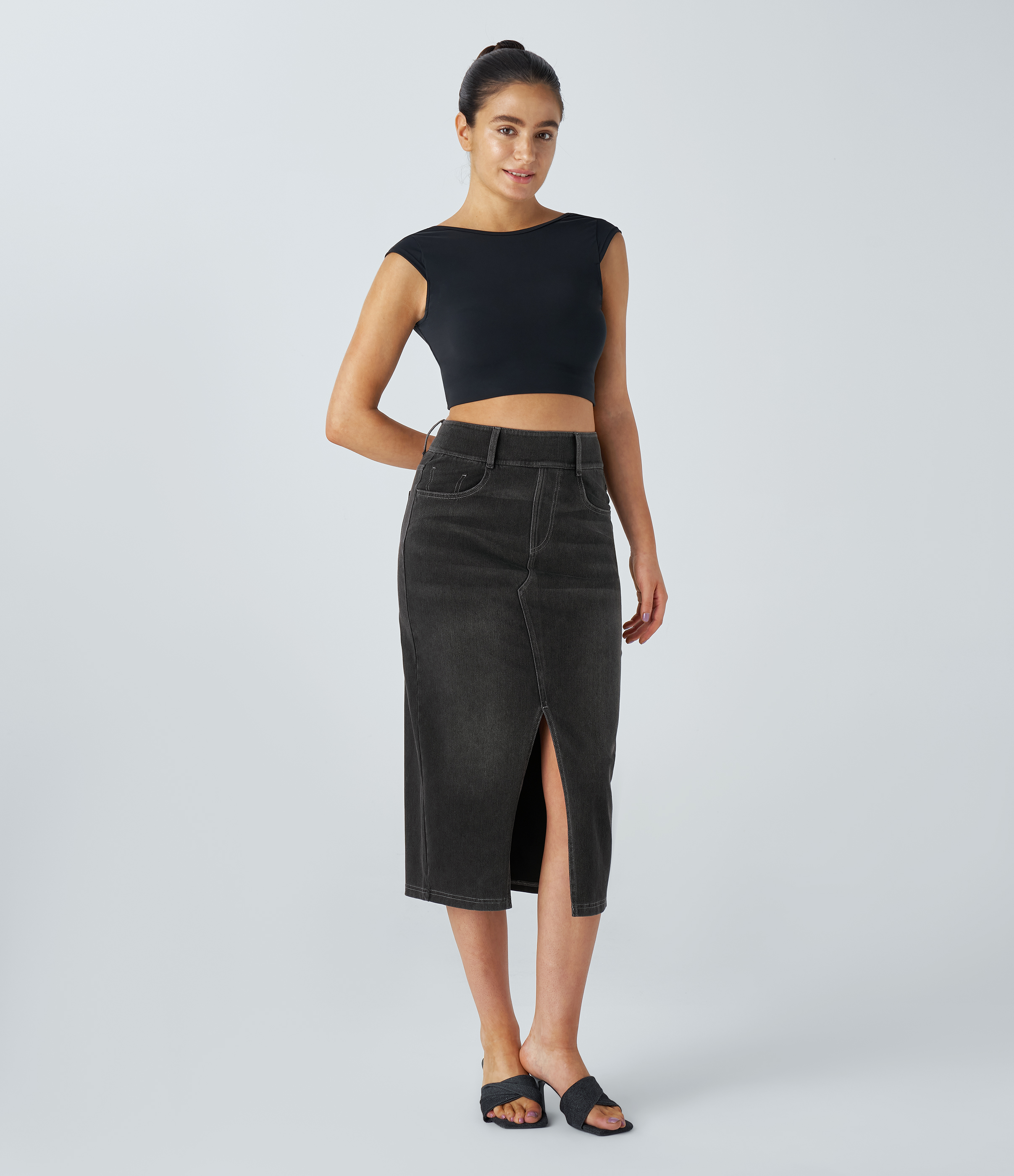 High Waisted Pockets Bodycon Washed Denim Casual Midi Skirt