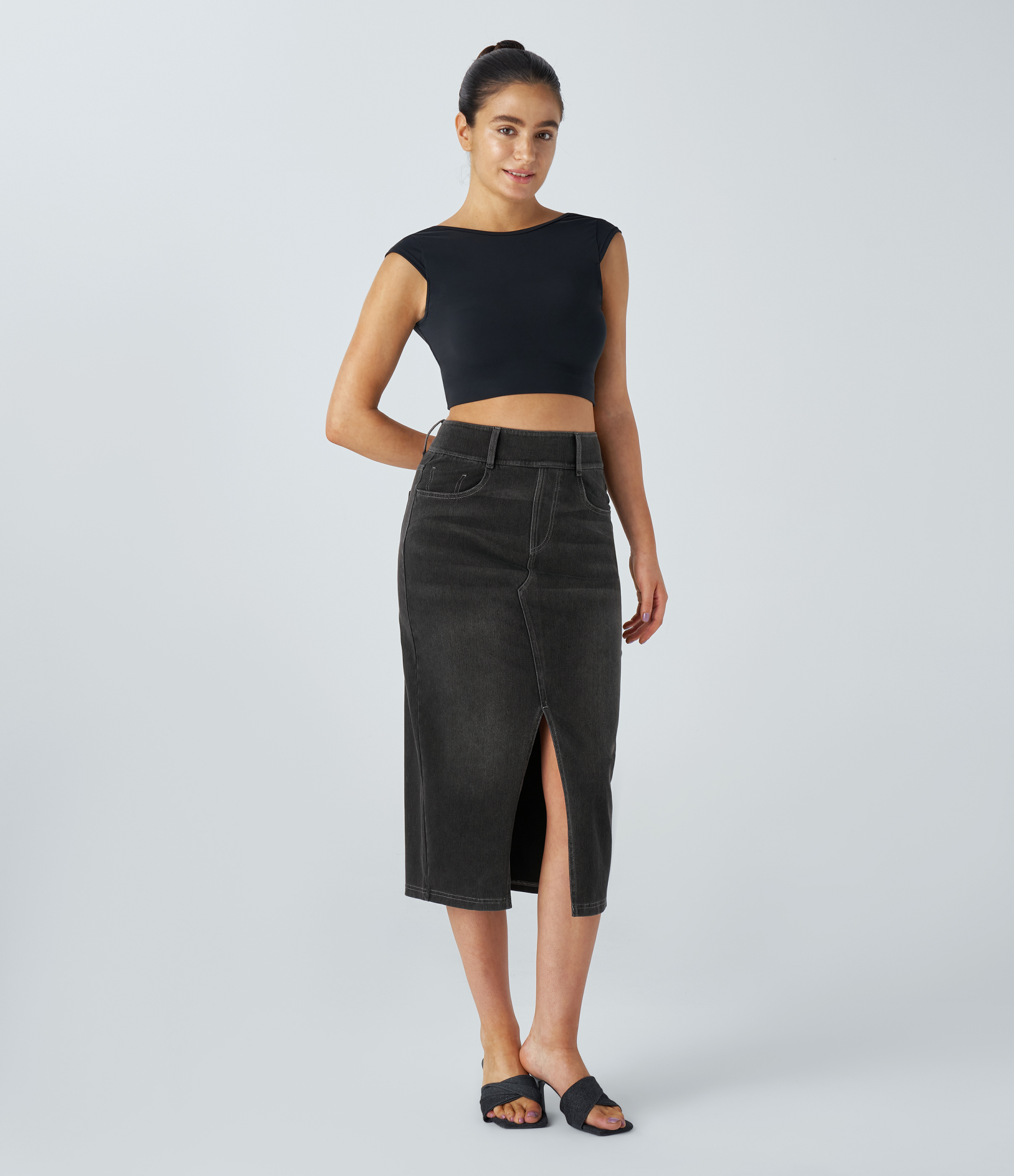 High Waisted Pockets Bodycon Washed Denim Casual Midi Skirt