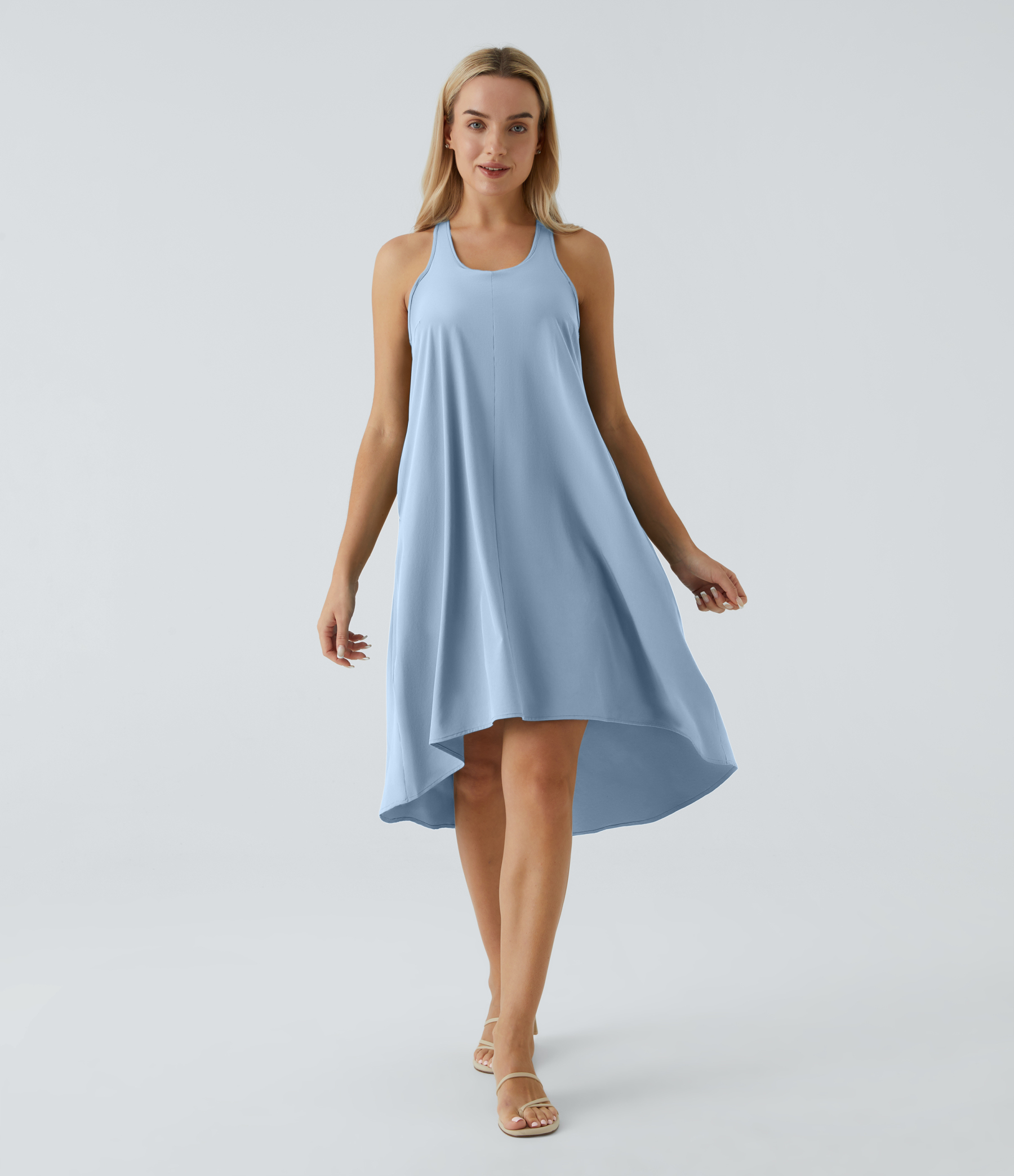 Backless Racerback Side Pocket High Low Flowy Midi Quick Dry Casual Dress