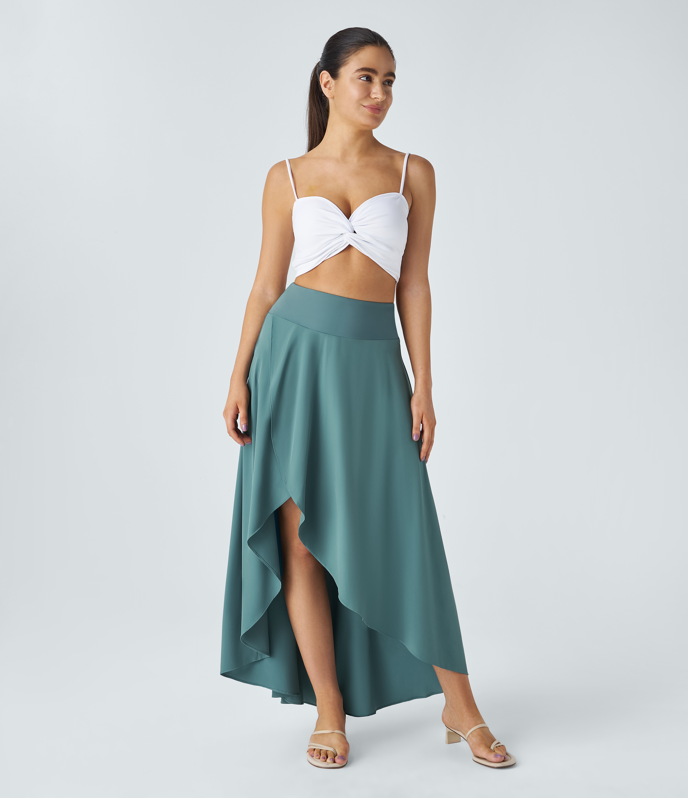 High Waisted High Low Ruffle 2-in-1 Flowy Quick Dry Casual Regular Maxi Skirt