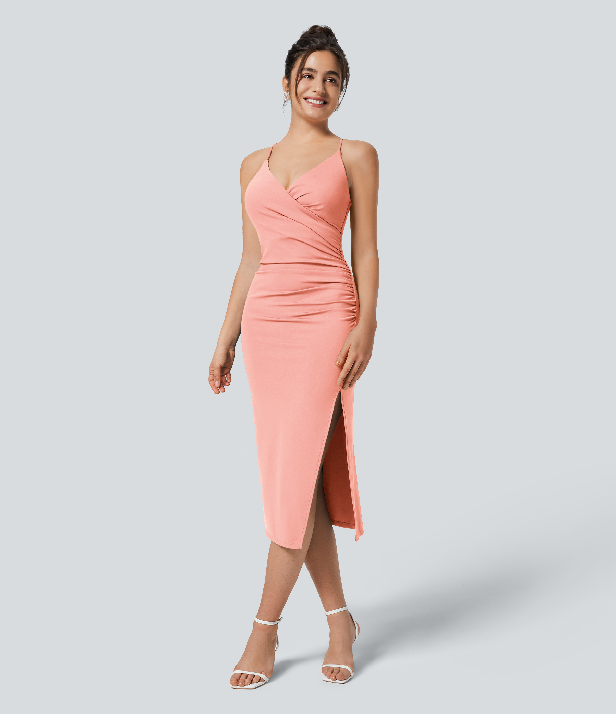 Airy Crossover Ruched Lace Up Bodycon Cool Touch Dress-UPF50+