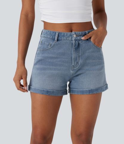 Mid Rise Zipper Pockets Denim Casual Shorts 3''