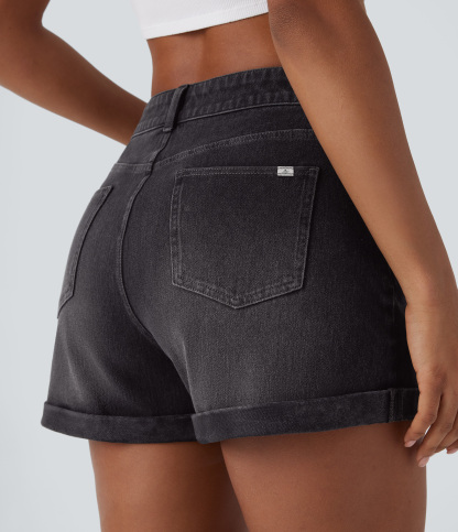 Mid Rise Zipper Pockets Denim Casual Shorts 3''