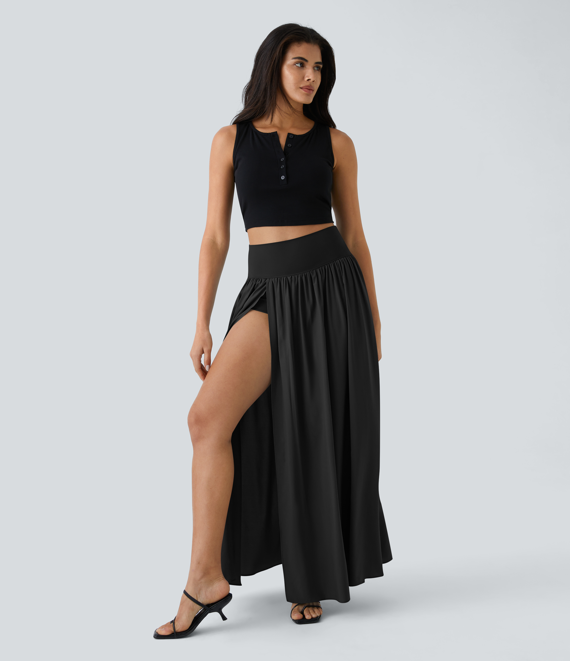High Waisted Split 2-in-1 Flowy Quick Dry Maxi Casual Skirt