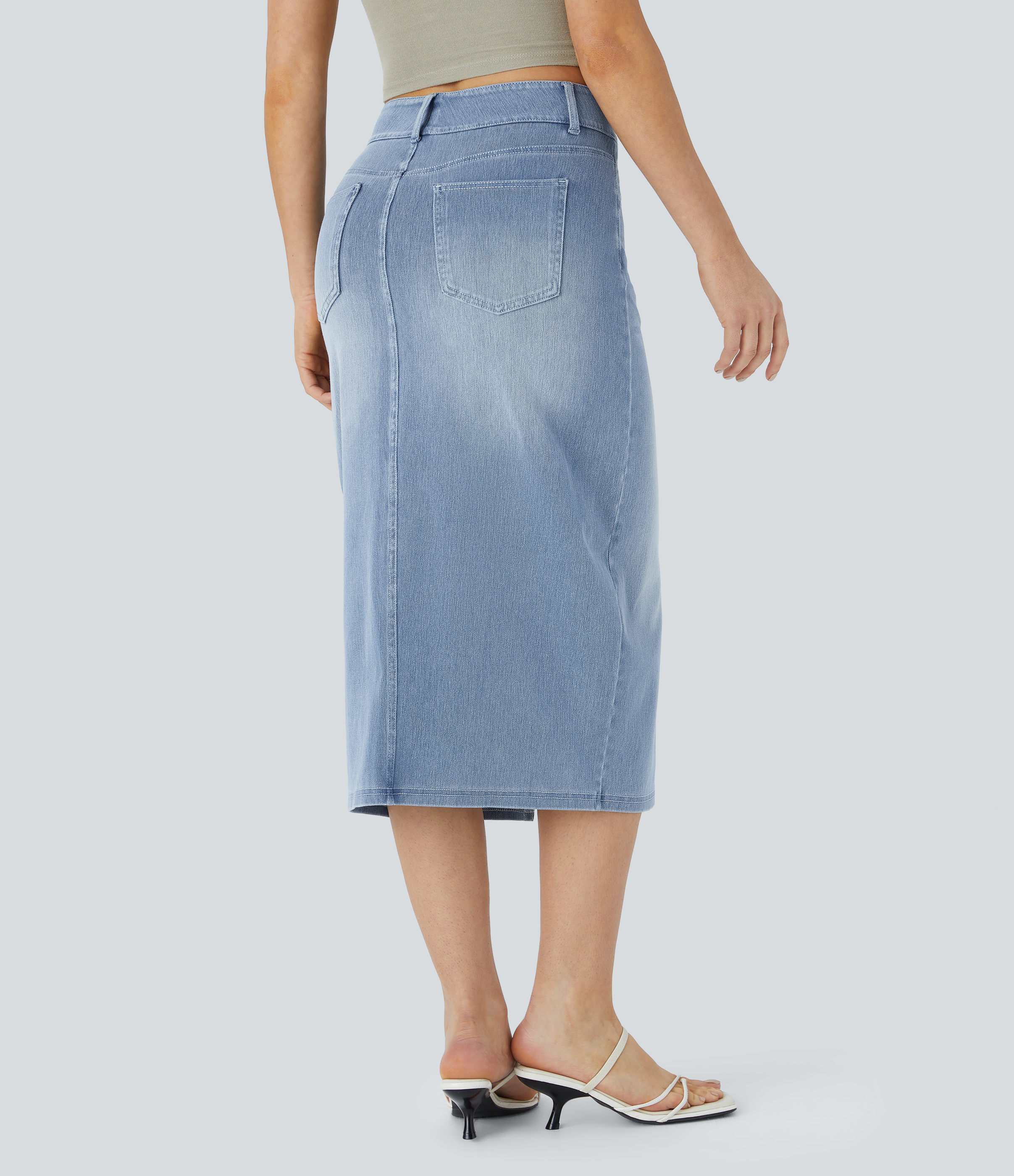 High Waisted Pockets Bodycon Washed Denim Casual Midi Skirt