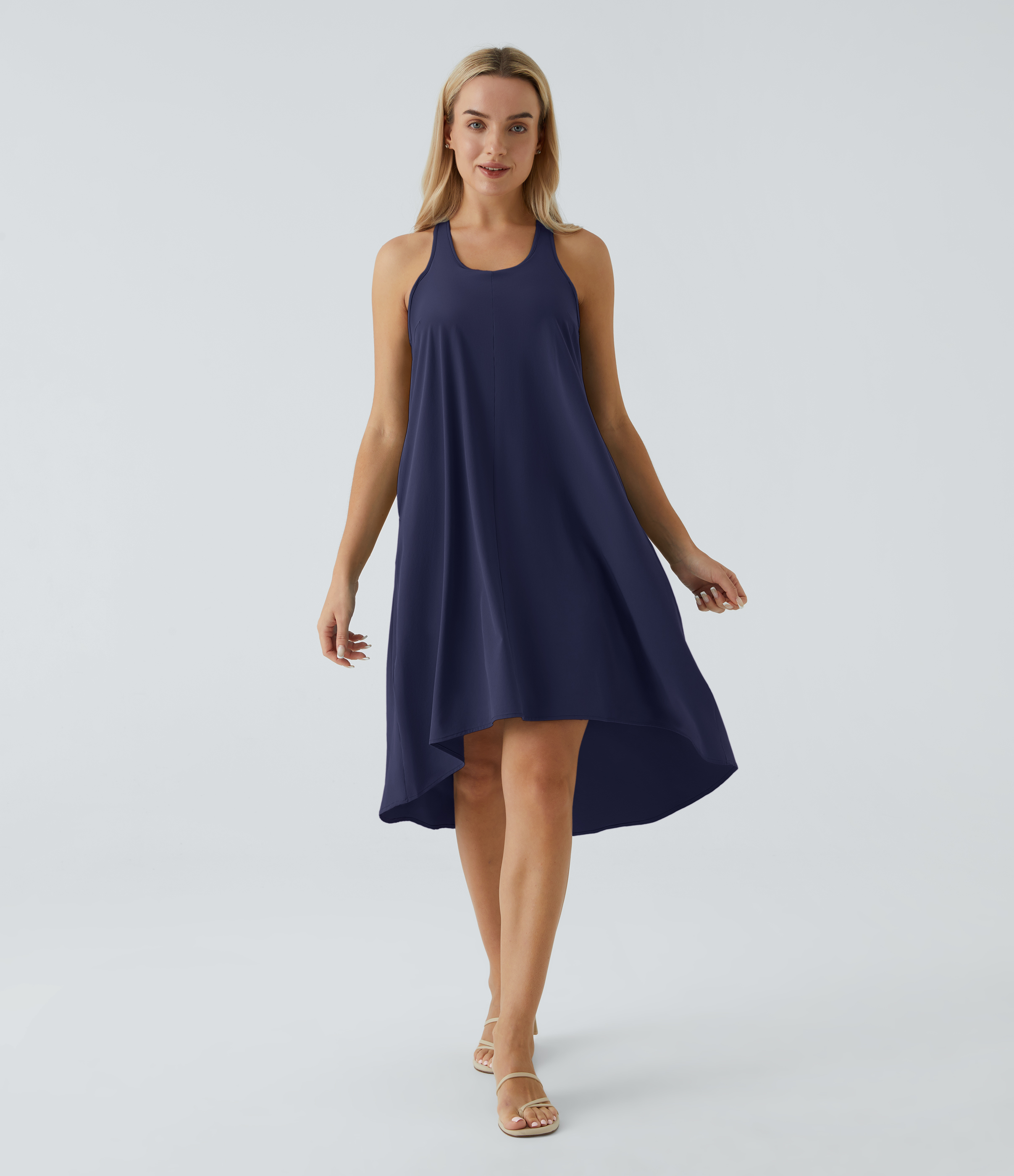 Backless Racerback Side Pocket High Low Flowy Midi Quick Dry Casual Dress