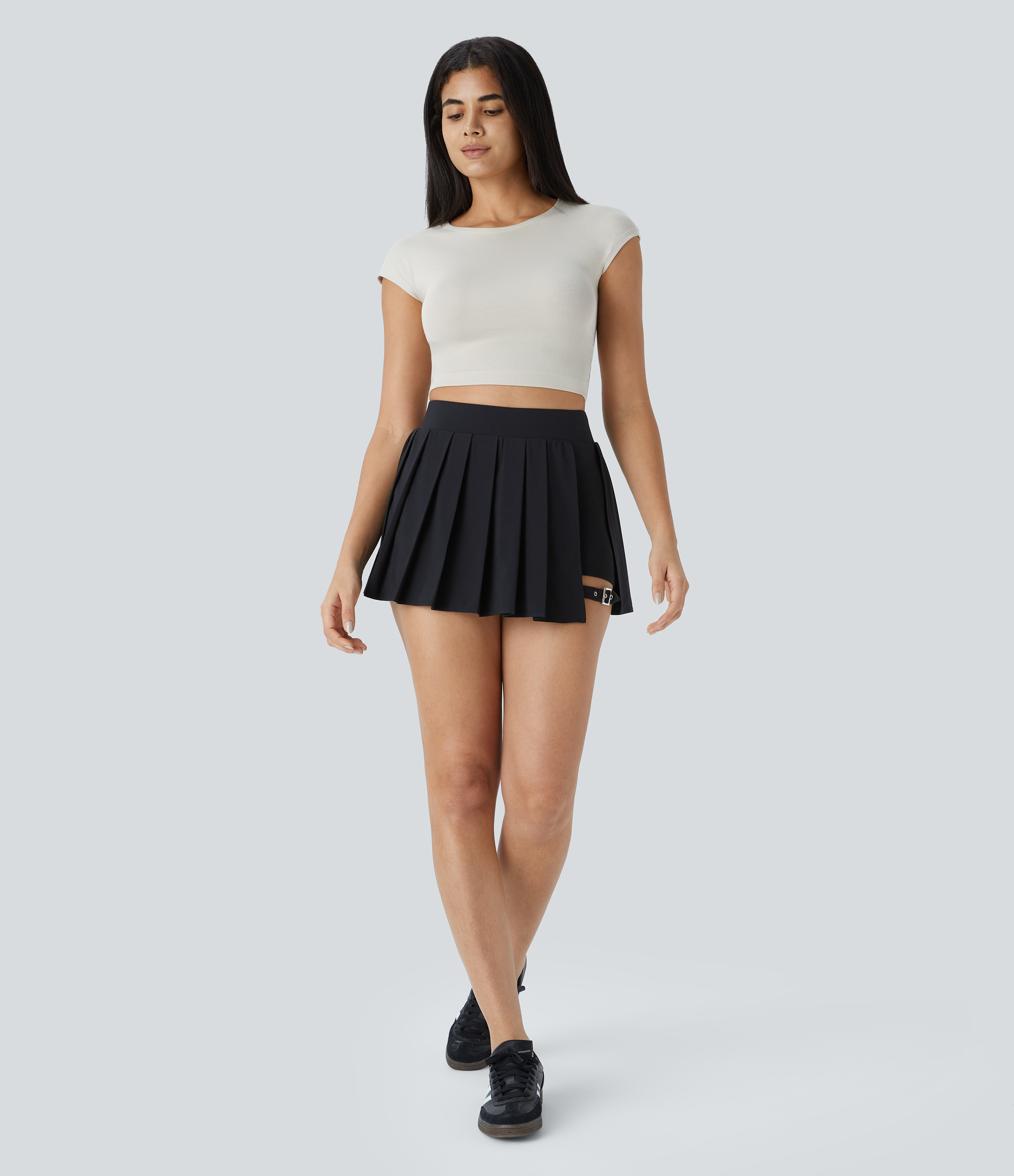 High Waisted Pleated 2-in-1 Pocket Adjustable Buckle Micro Mini Quick Dry Casual Skirt