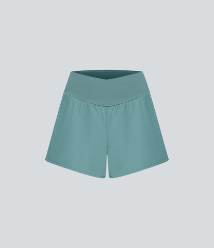 High Waisted Crossover Pocket 2-in-1 Quick Dry Yoga Shorts 4"