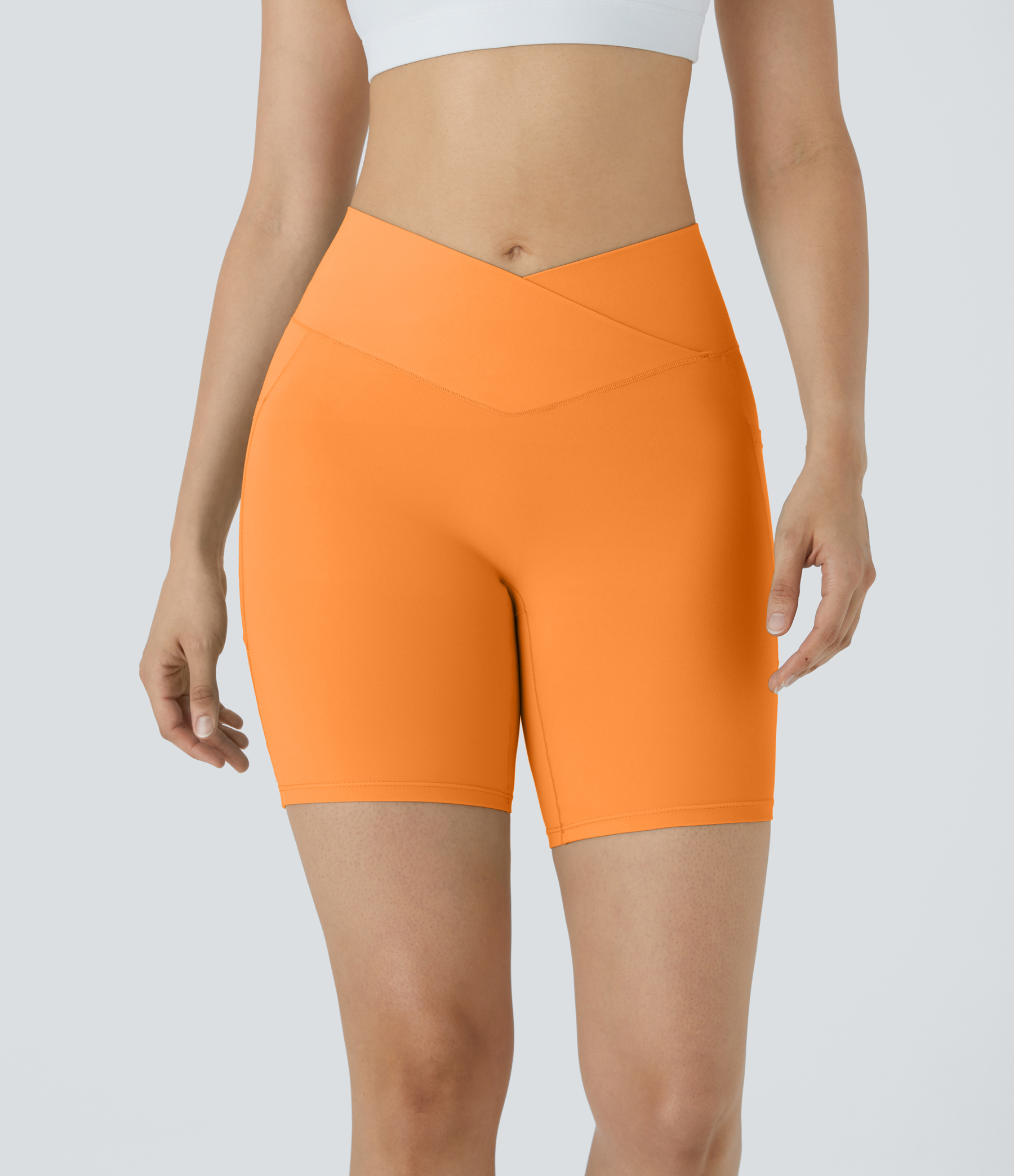 High Waisted Crossover Pocket Yoga Biker Shorts 7"-UPF50+