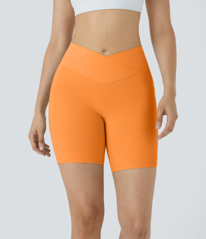 High Waisted Crossover Pocket Yoga Biker Shorts 7"-UPF50+