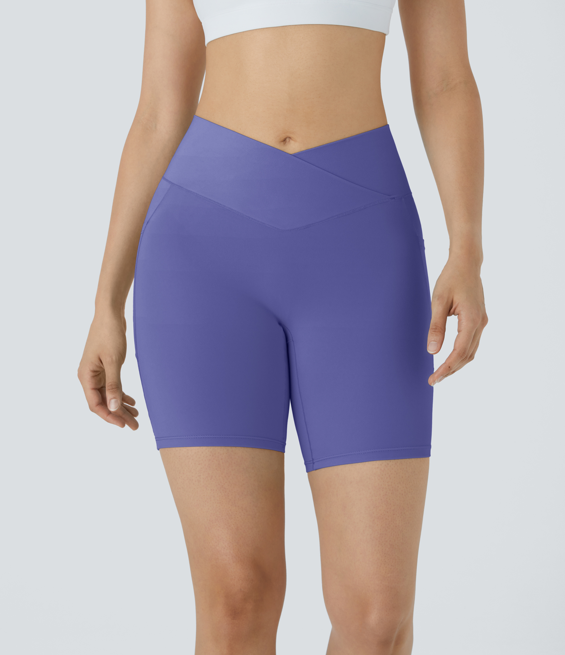 High Waisted Crossover Pocket Yoga Biker Shorts 7"-UPF50+