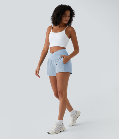 High Waisted Crossover Pocket 2-in-1 Quick Dry Yoga Shorts 4"