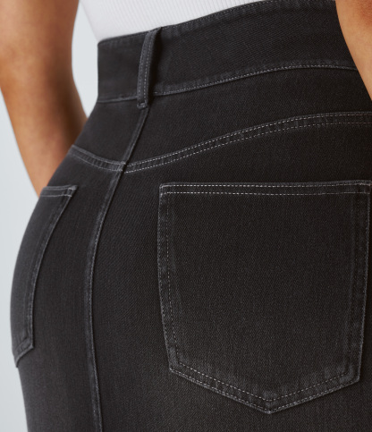 High Waisted Pockets Bodycon Washed Denim Casual Midi Skirt