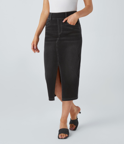 High Waisted Pockets Bodycon Washed Denim Casual Midi Skirt