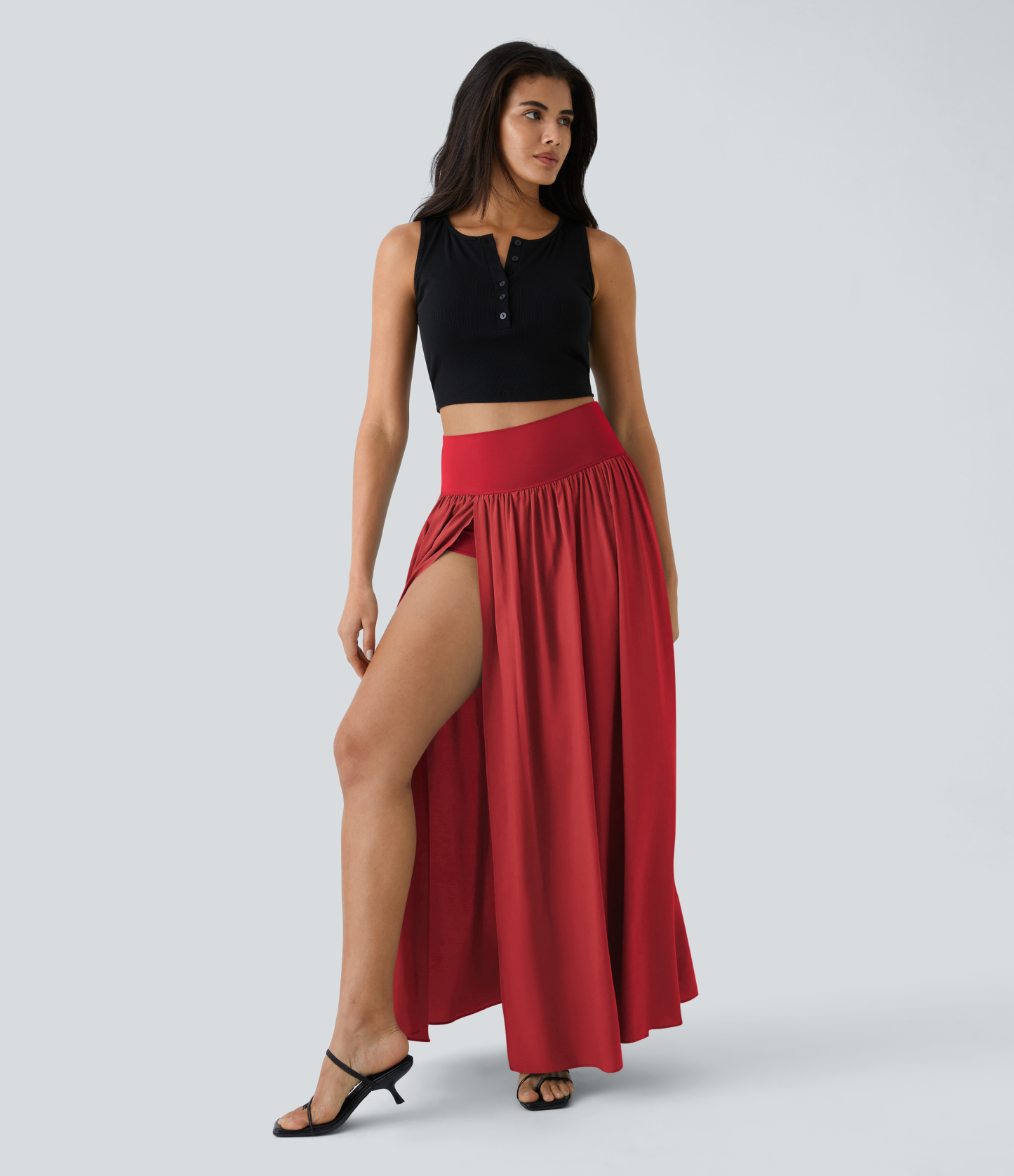 High Waisted Split 2-in-1 Flowy Quick Dry Maxi Casual Skirt