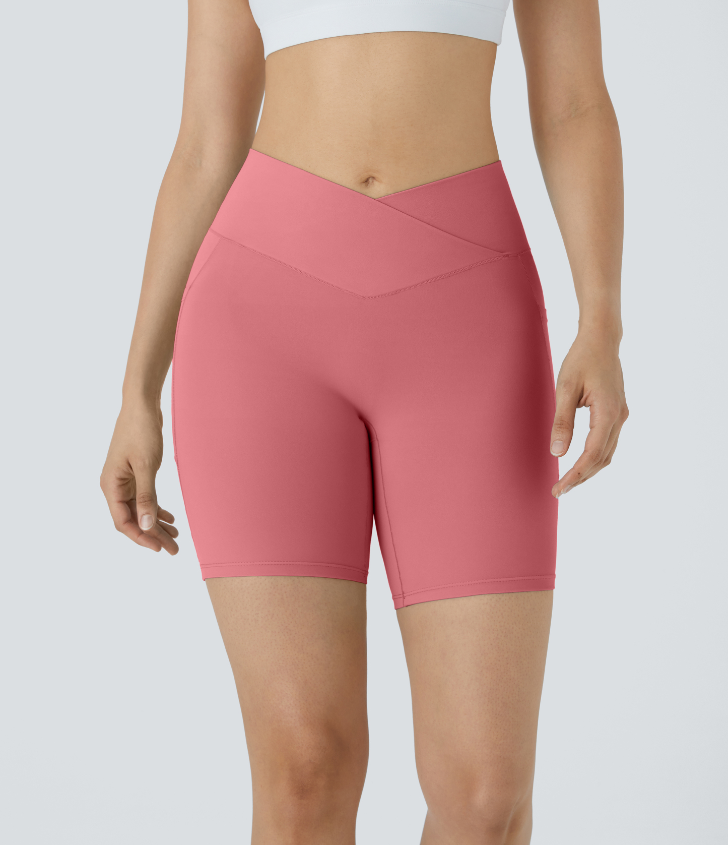 High Waisted Crossover Pocket Yoga Biker Shorts 7"-UPF50+