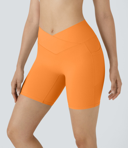 High Waisted Crossover Pocket Yoga Biker Shorts 7"-UPF50+