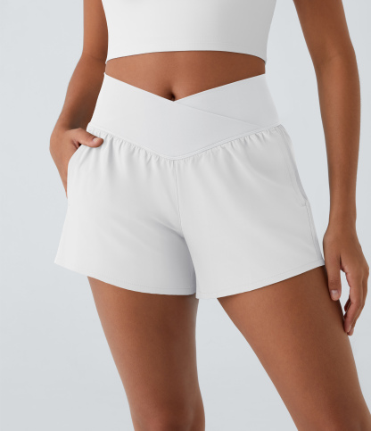 High Waisted Crossover Pocket 2-in-1 Quick Dry Yoga Shorts 4"