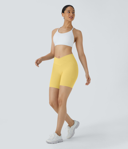 High Waisted Crossover Pocket Yoga Biker Shorts 7"-UPF50+