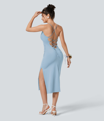 Airy Crossover Ruched Lace Up Bodycon Cool Touch Dress-UPF50+