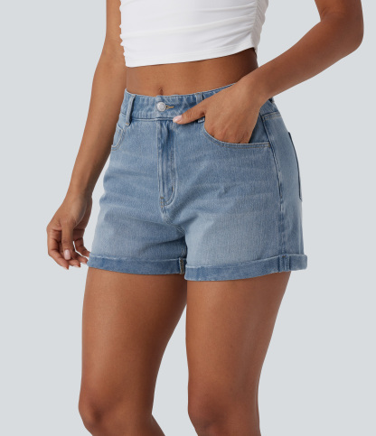 Mid Rise Zipper Pockets Denim Casual Shorts 3''