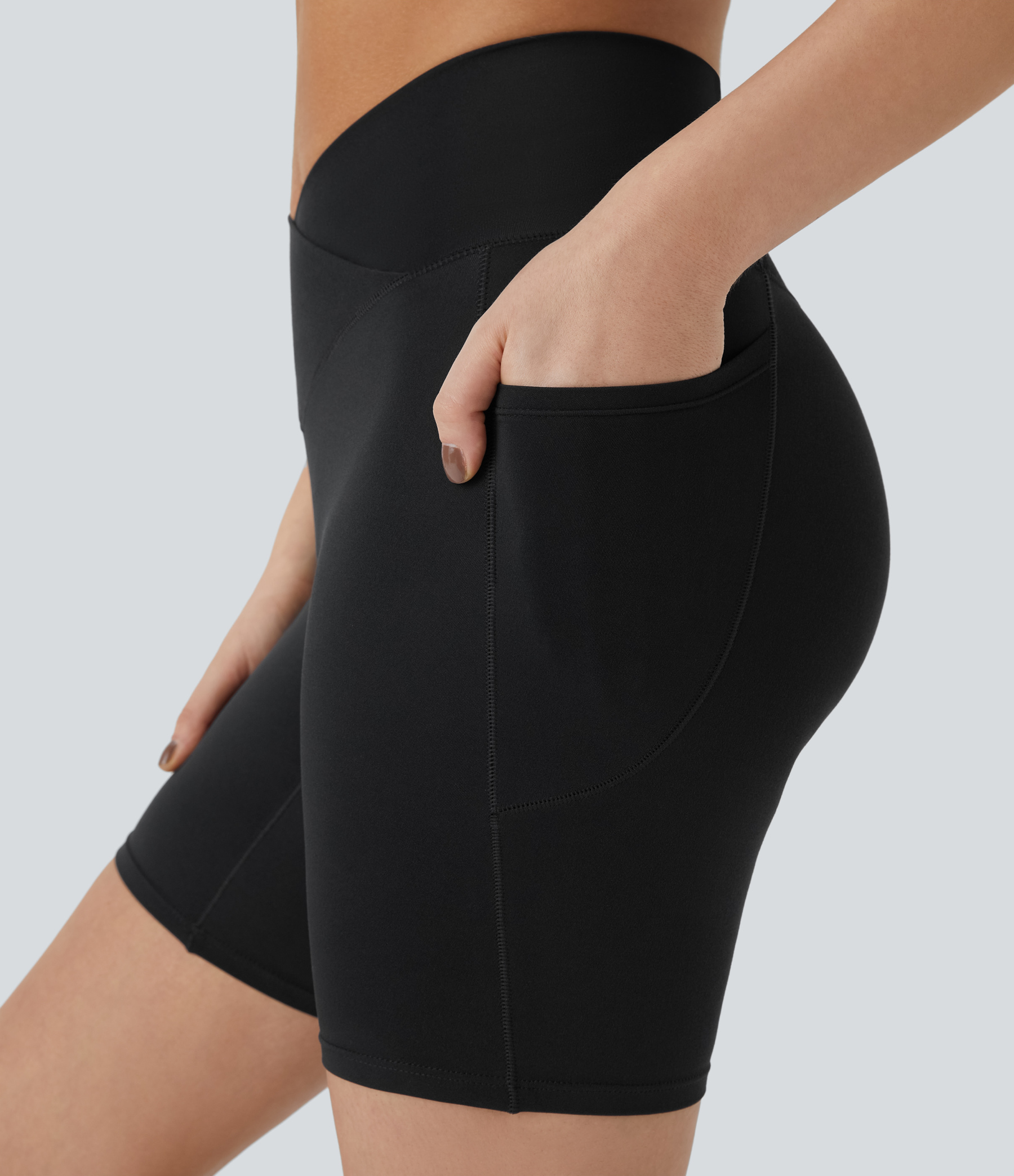 High Waisted Crossover Pocket Yoga Biker Shorts 7"-UPF50+