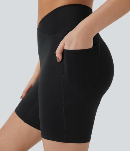 High Waisted Crossover Pocket Yoga Biker Shorts 7"-UPF50+