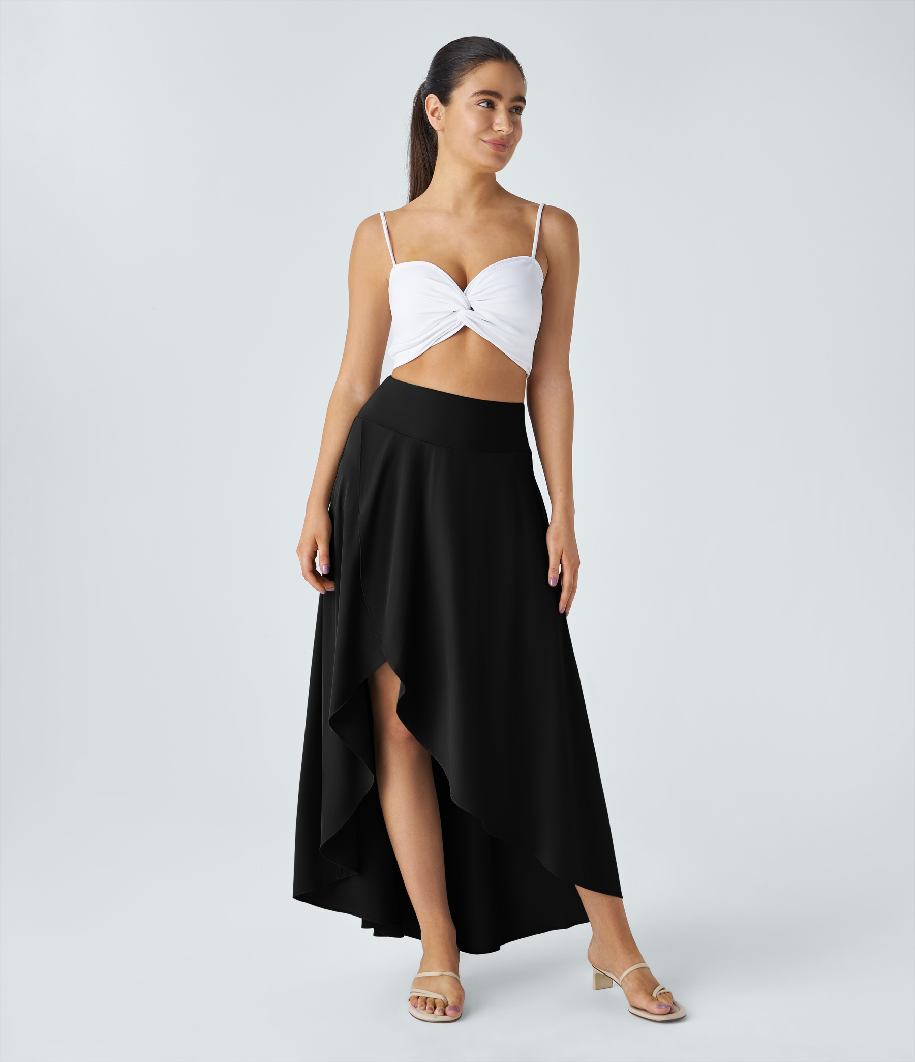 High Waisted High Low Ruffle 2-in-1 Flowy Quick Dry Casual Regular Maxi Skirt