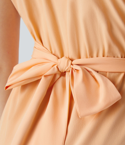 V Neck Short Sleeve Pocket Tie Back Quick Dry Midi Casual Dress-Longer Length