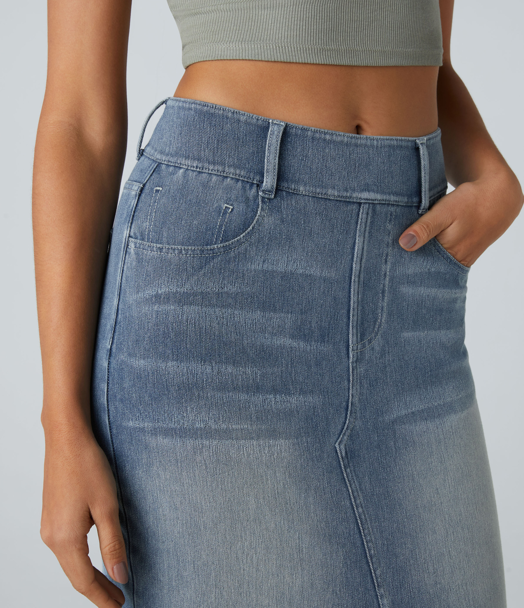 High Waisted Pockets Bodycon Washed Denim Casual Midi Skirt