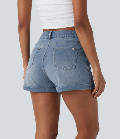 Mid Rise Zipper Pockets Denim Casual Shorts 3''