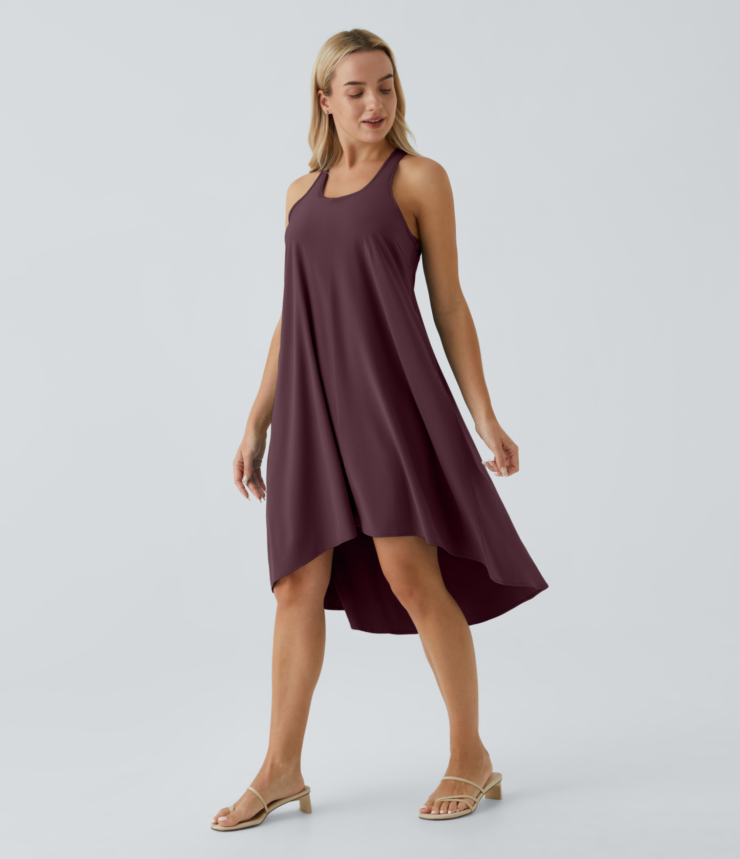 Backless Racerback Side Pocket High Low Flowy Midi Quick Dry Casual Dress