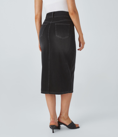 High Waisted Pockets Bodycon Washed Denim Casual Midi Skirt