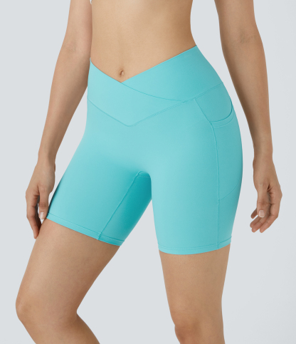 High Waisted Crossover Pocket Yoga Biker Shorts 7"-UPF50+