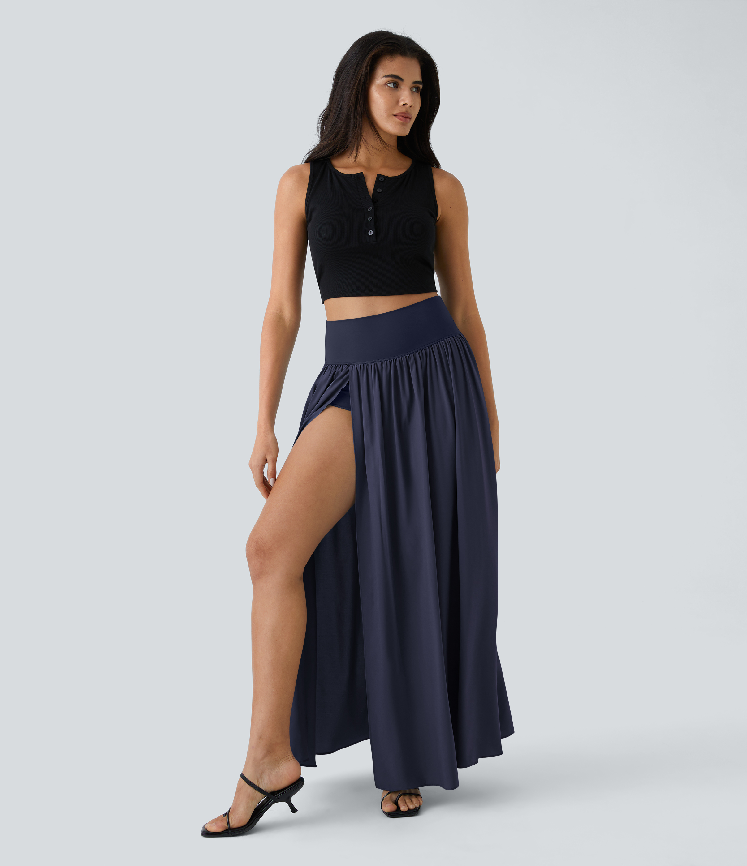 High Waisted Split 2-in-1 Flowy Quick Dry Maxi Casual Skirt