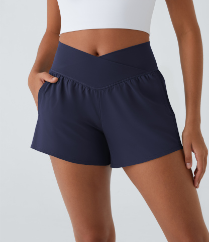High Waisted Crossover Pocket 2-in-1 Quick Dry Yoga Shorts 4"
