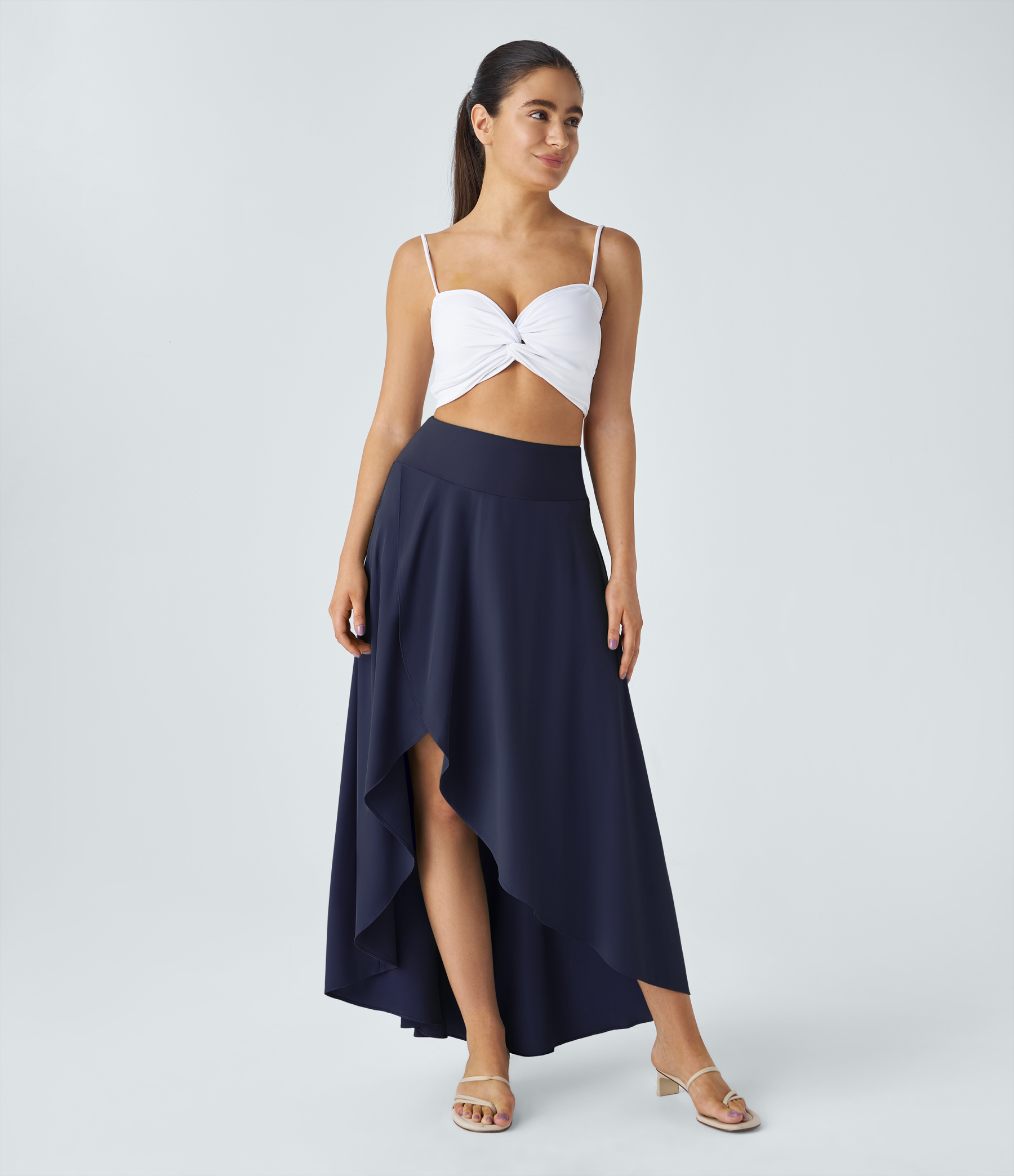 High Waisted High Low Ruffle 2-in-1 Flowy Quick Dry Casual Regular Maxi Skirt