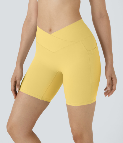 High Waisted Crossover Pocket Yoga Biker Shorts 7"-UPF50+