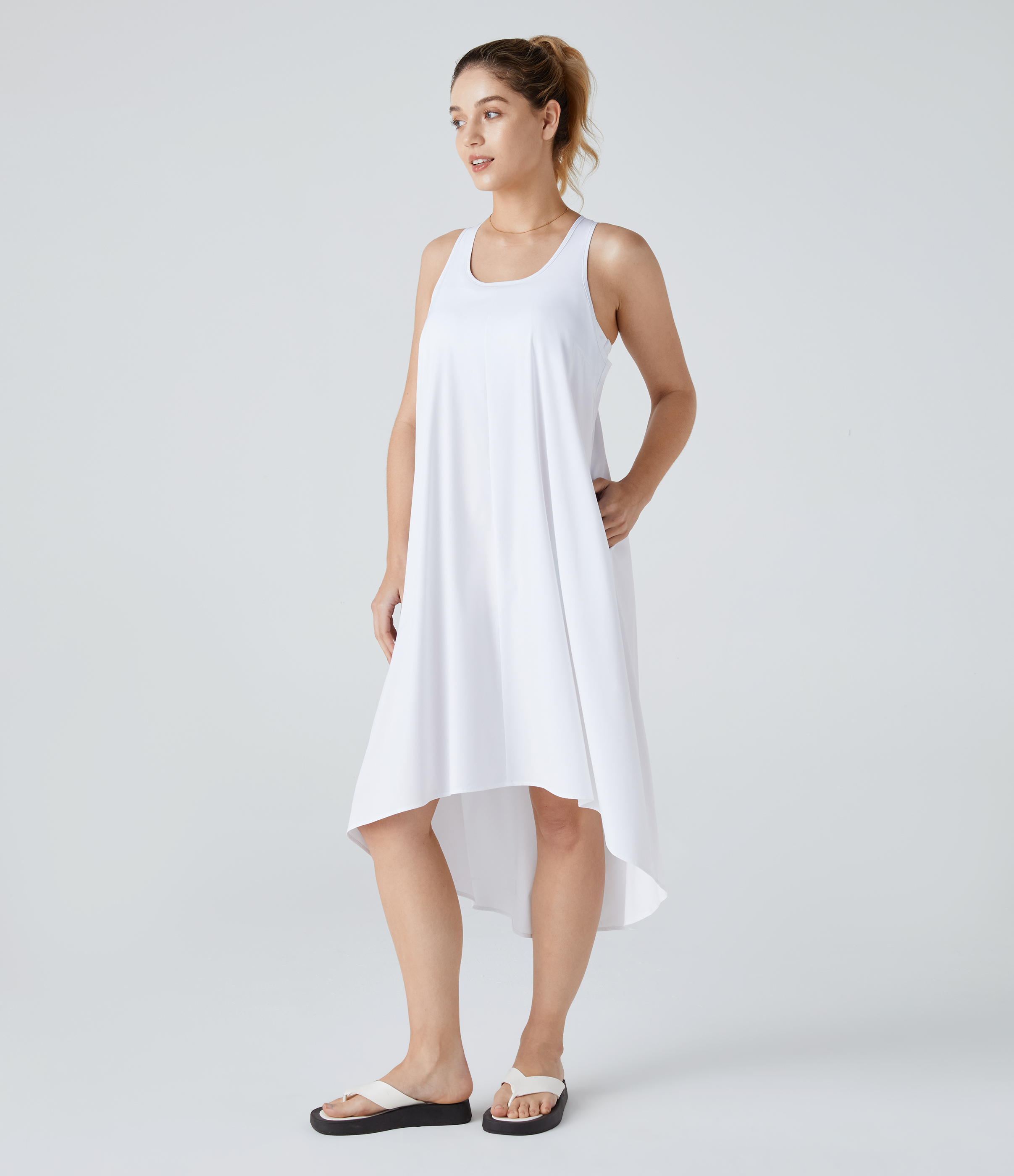 Backless Racerback Side Pocket High Low Flowy Midi Quick Dry Casual Dress