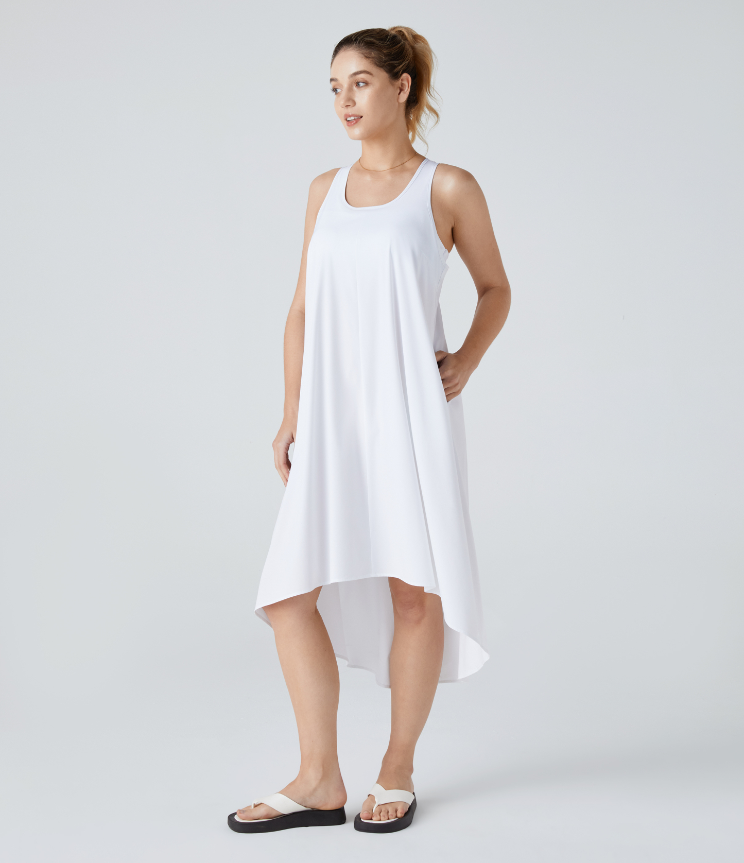 Backless Racerback Side Pocket High Low Flowy Midi Quick Dry Casual Dress