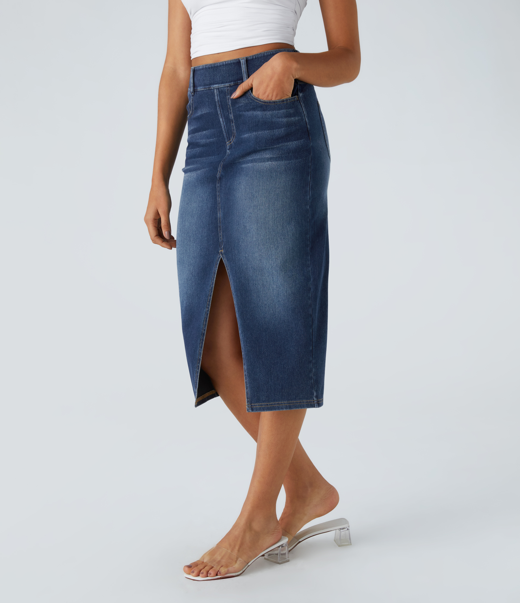High Waisted Pockets Bodycon Washed Denim Casual Midi Skirt