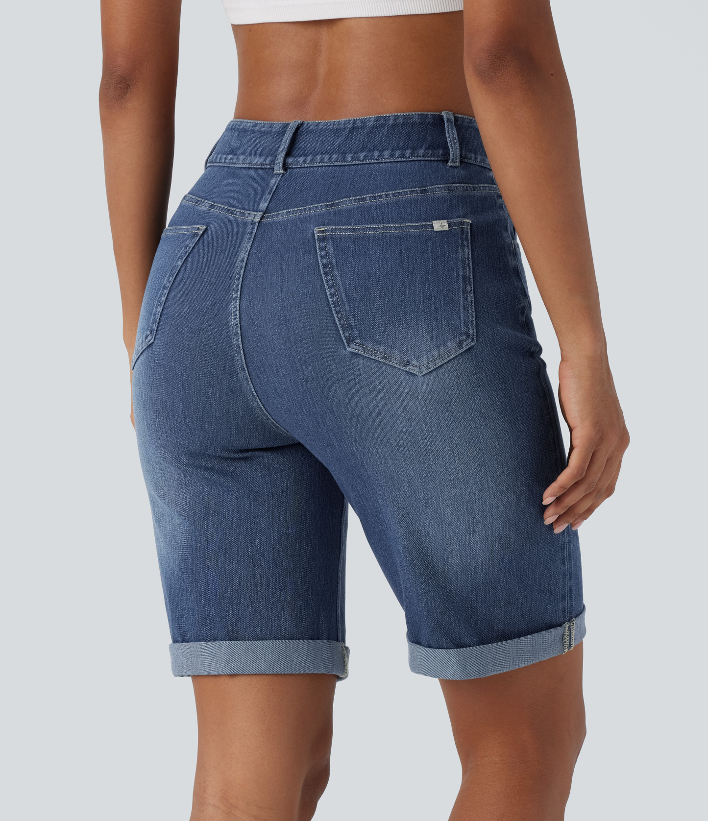 High Waisted Pockets Rolled Hem Washed Denim Casual Bermuda Shorts