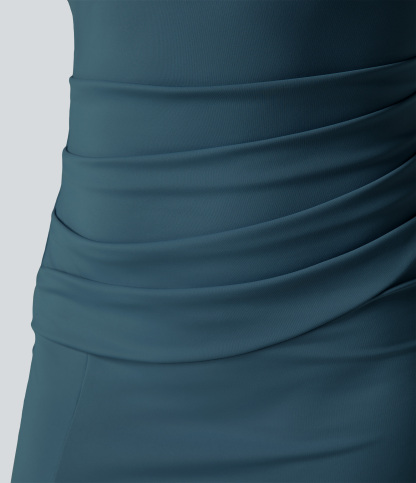 Airy Square Neck Backless Corset Ruched Split Bodycon Midi Cool Touch Bridesmaid and Wedding Guest Dress