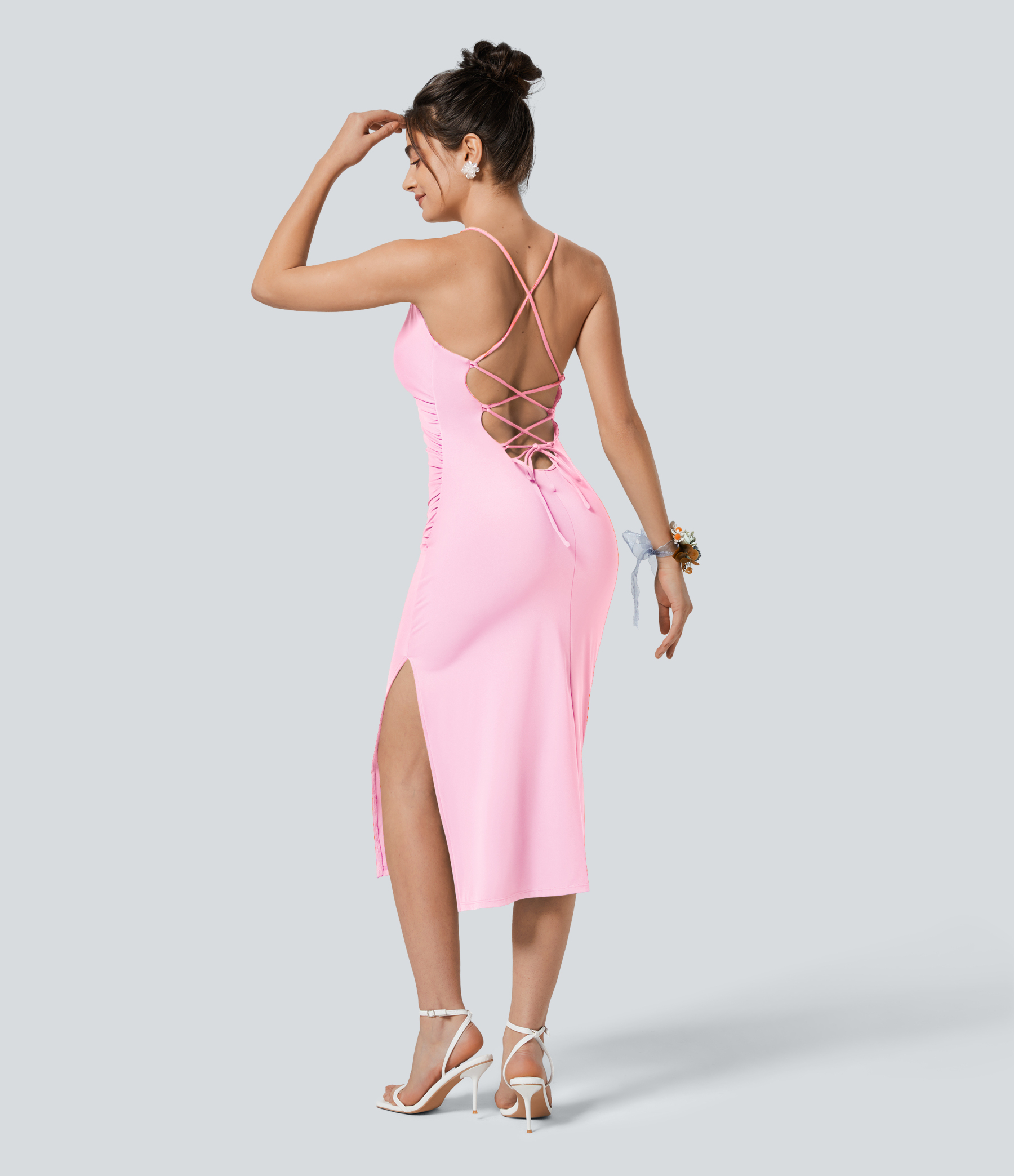 Airy Crossover Ruched Lace Up Bodycon Cool Touch Dress-UPF50+