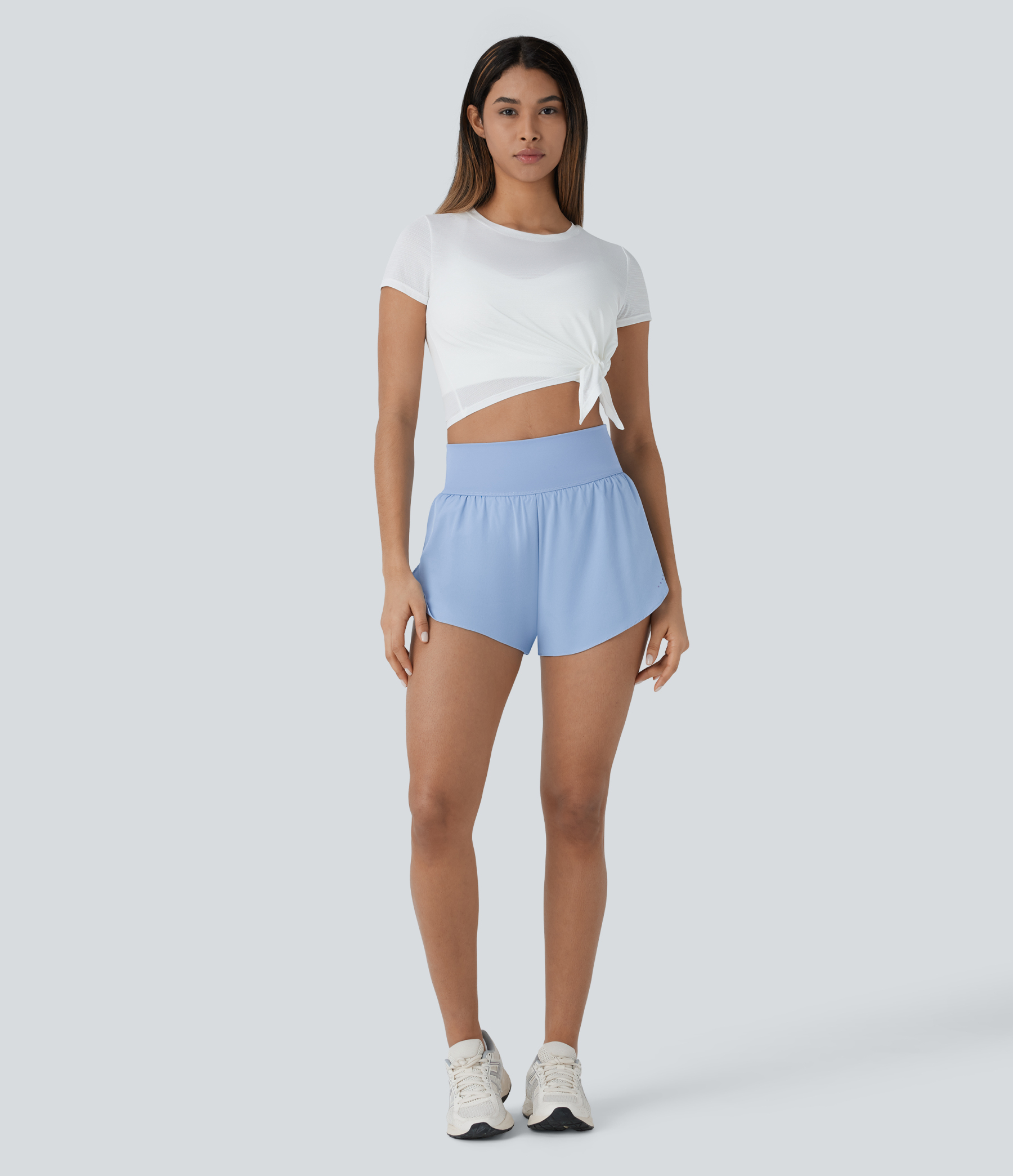 QuickDry High Waisted Reflective Dots Crossover Hem 2-in-1 Pockets Running Shorts