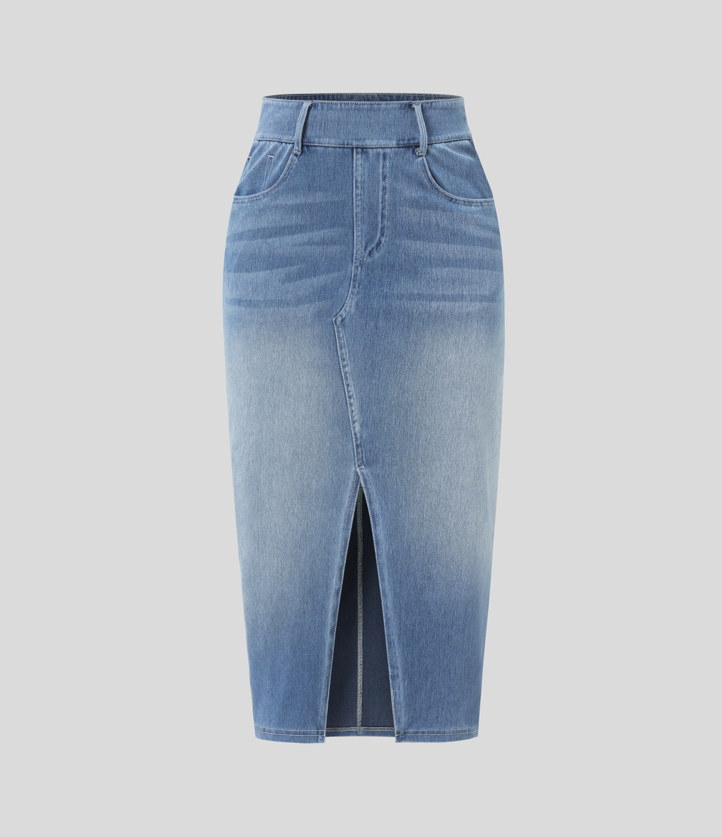 High Waisted Pockets Bodycon Washed Denim Casual Midi Skirt