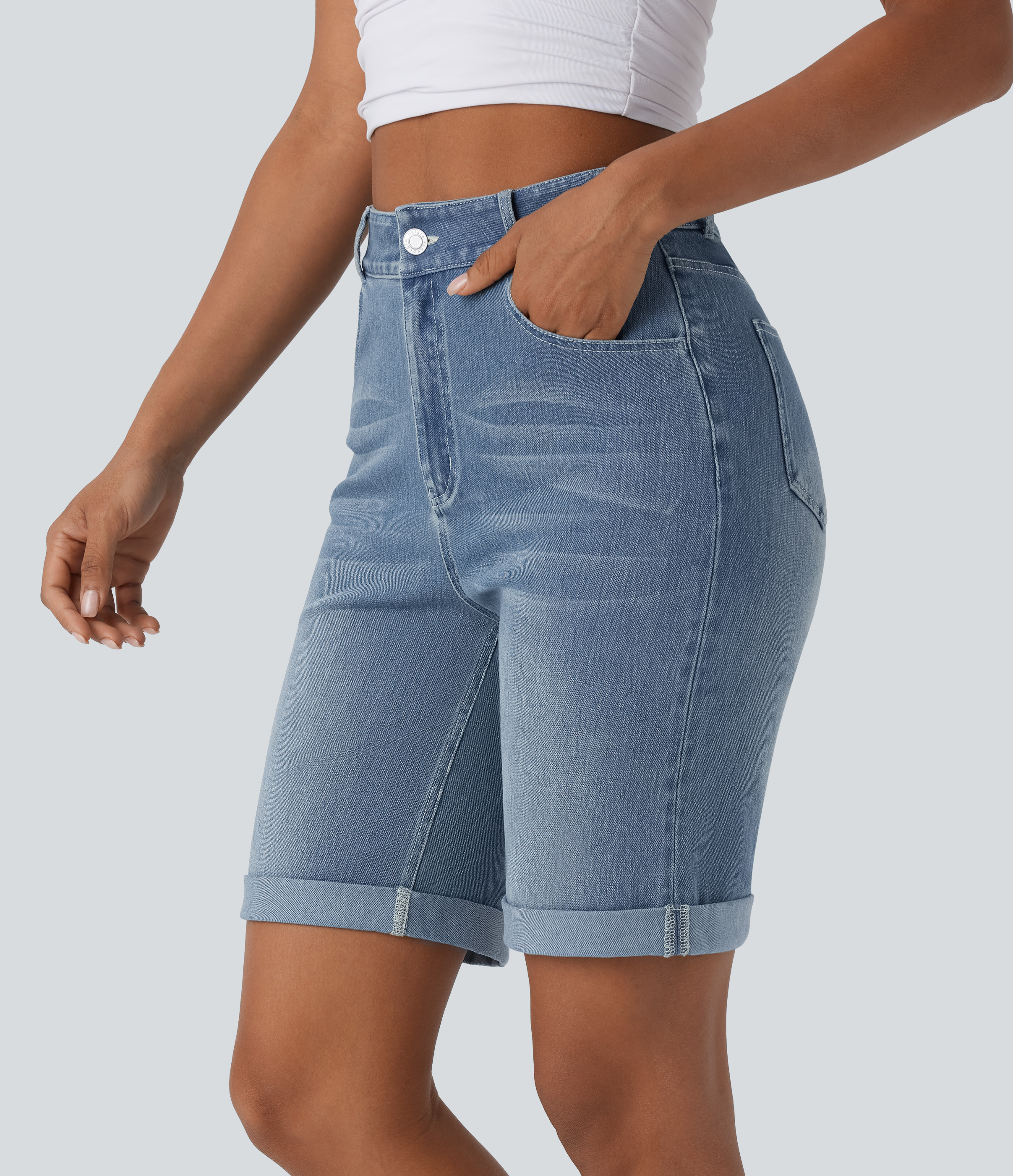 High Waisted Pockets Rolled Hem Washed Denim Casual Bermuda Shorts