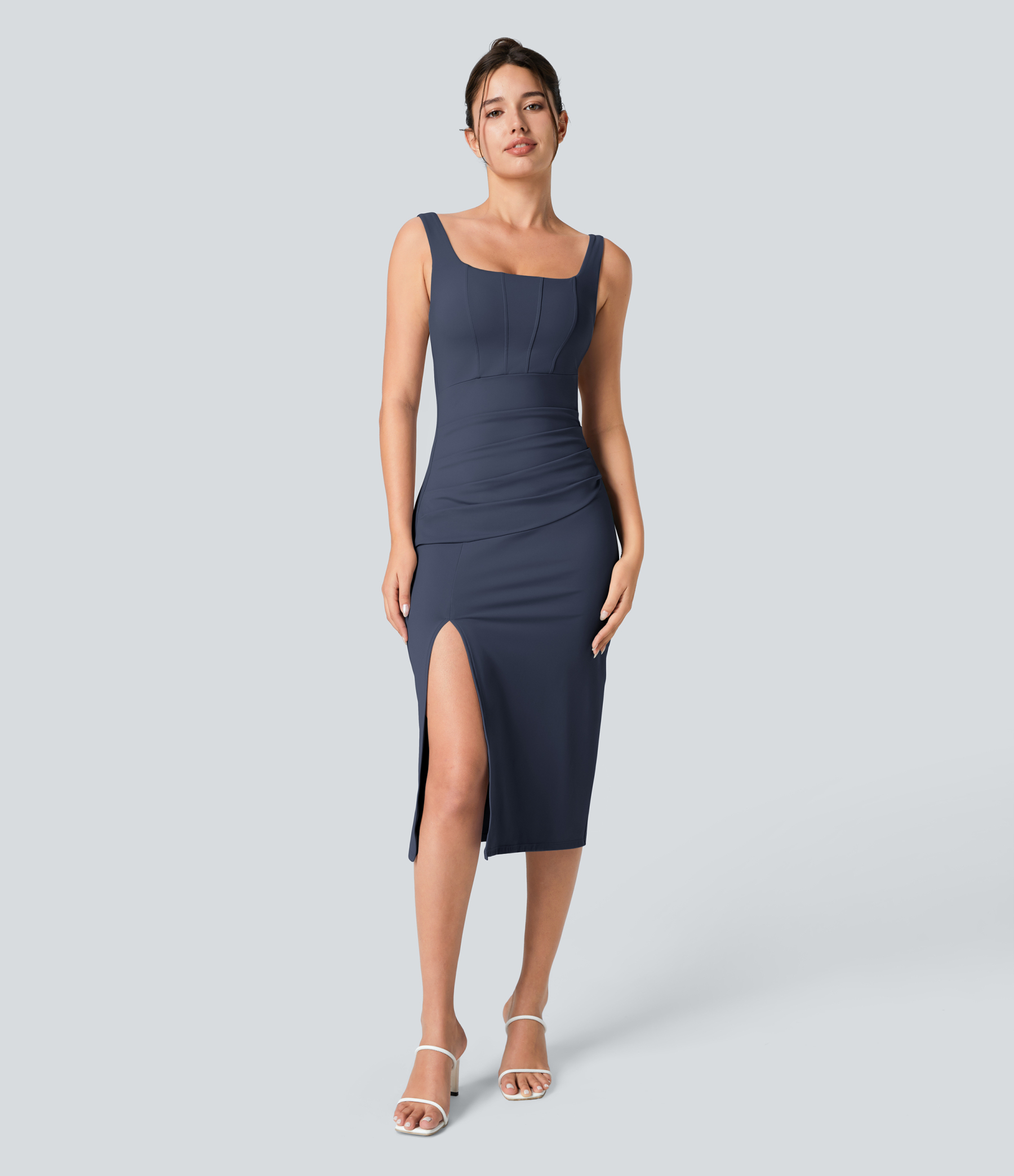 Airy Square Neck Backless Corset Ruched Split Bodycon Midi Cool Touch Bridesmaid and Wedding Guest Dress